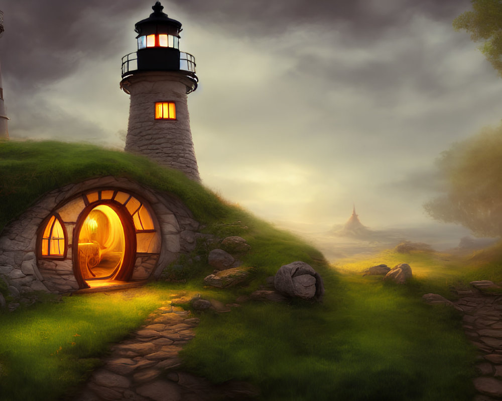 Quaint lighthouse and cozy hillside home at dusk