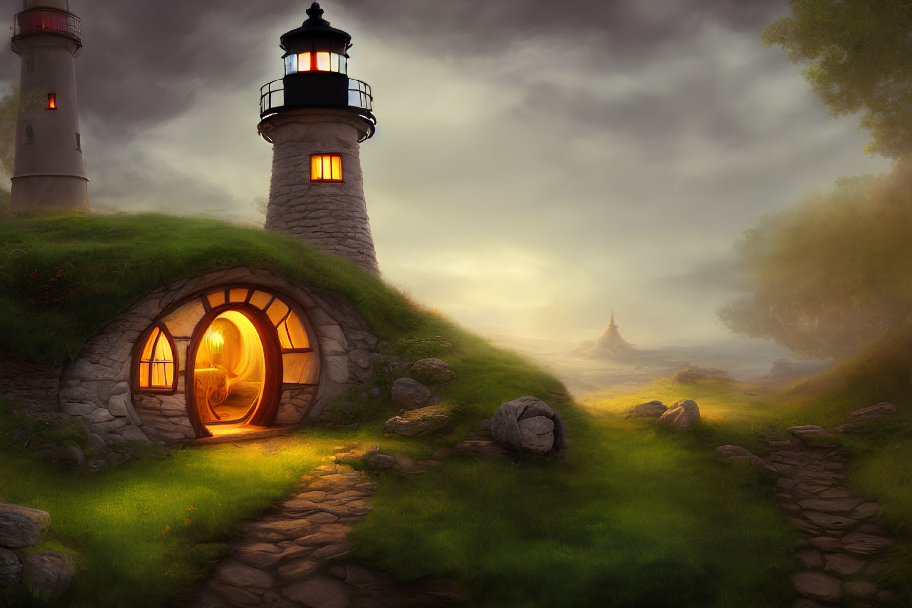 Quaint lighthouse and cozy hillside home at dusk