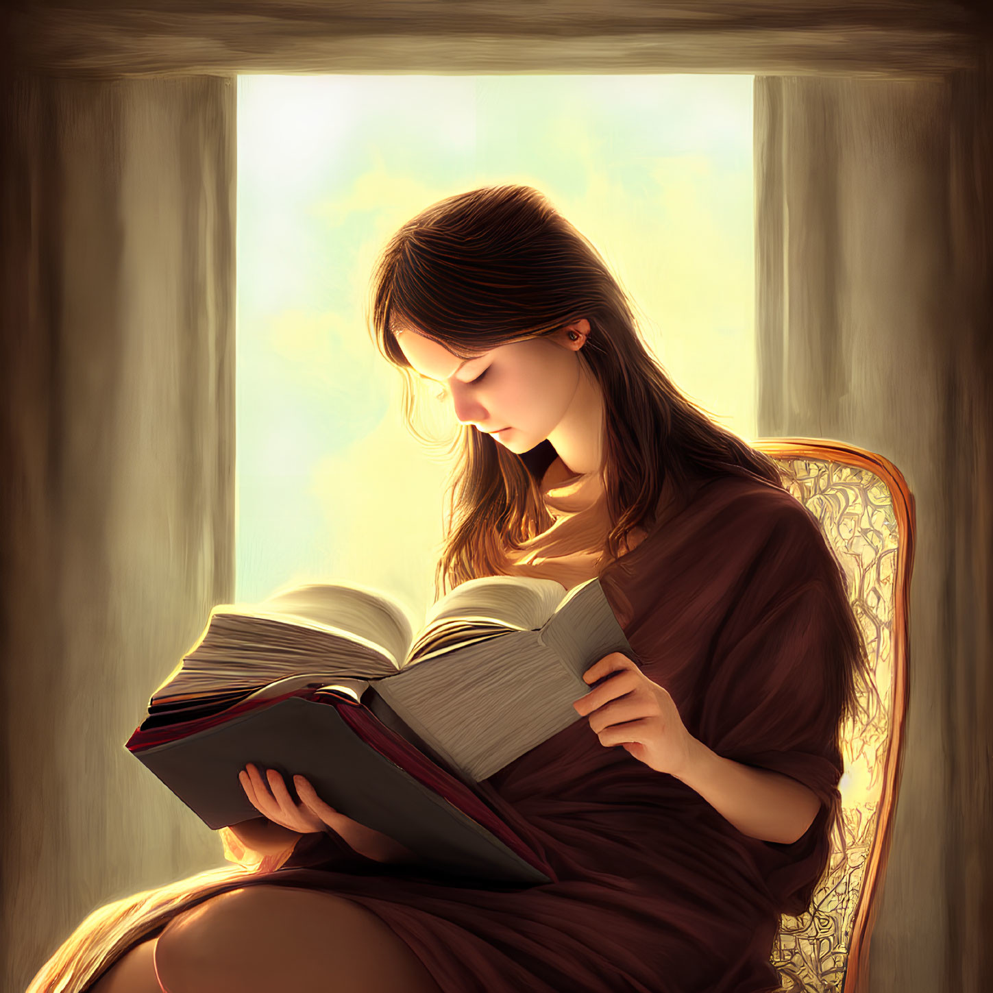 Young woman reading book by sunny window