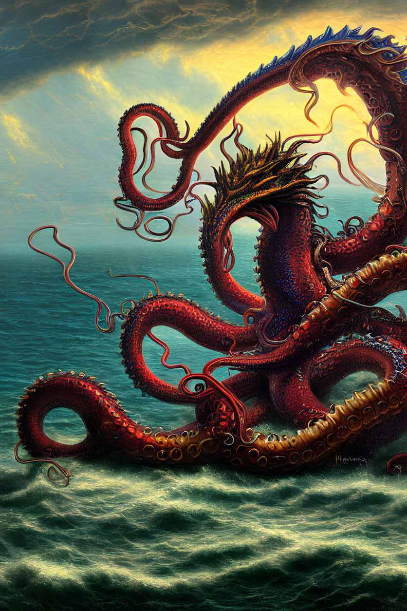 Fantasy sea creature with twisting tentacles and crown-like appendage emerges from ocean under stormy sky