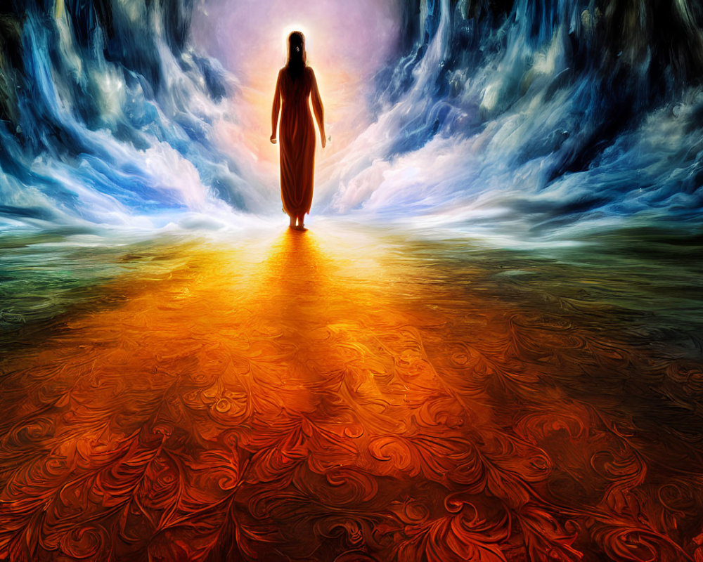 Silhouette on fiery path with swirling clouds - mystical journey theme