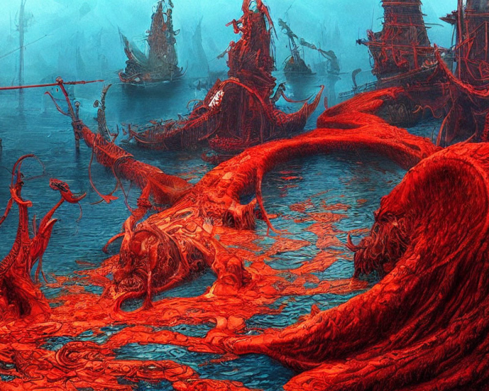 Red-tinted fantasy art featuring ships, tentacles, and a skull