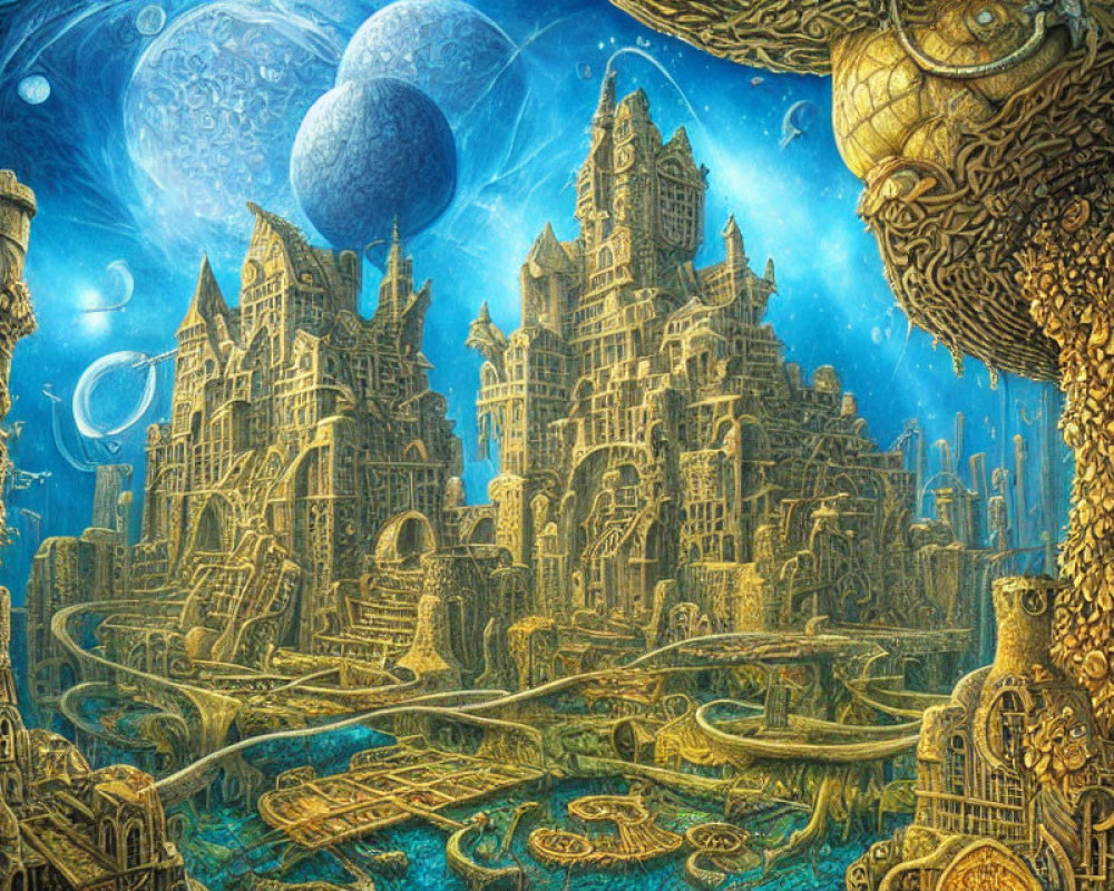 Underwater city with intricate buildings, marine life, and two moons.