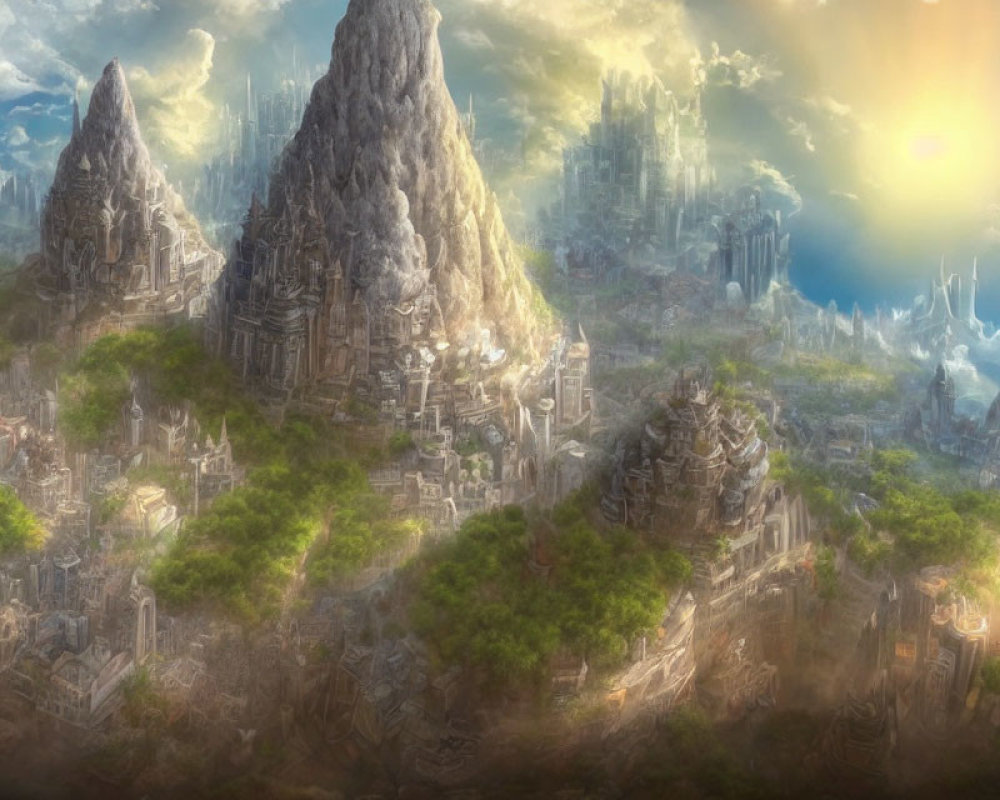 Majestic fantasy landscape with mountains, ruins, forests, and distant sunlit spires