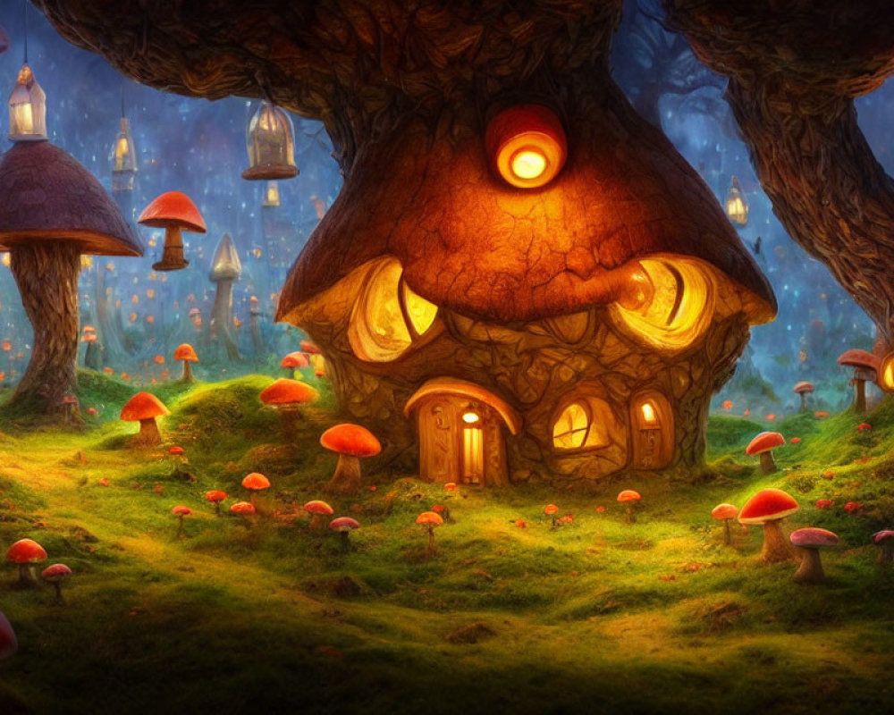 Magical forest with cozy tree house and glowing mushrooms