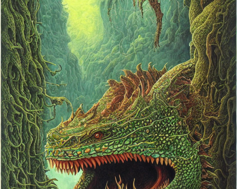 Menacing dragons in forest setting with eerie green backdrop