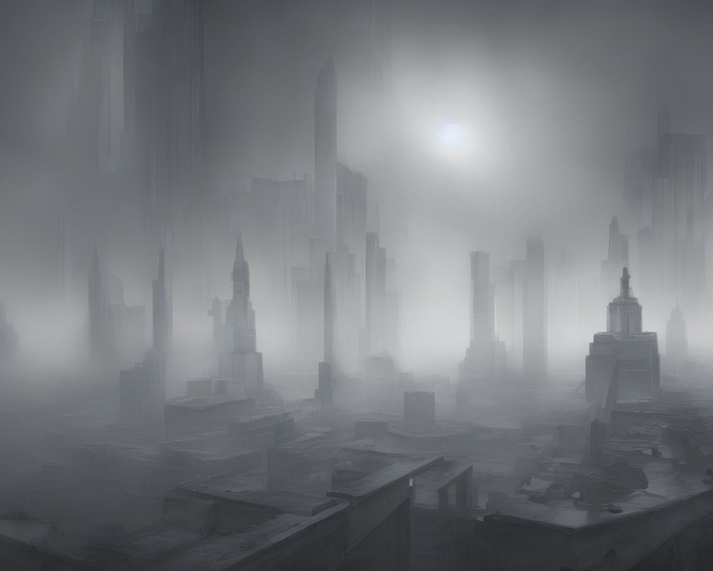 Monochromatic misty cityscape with fog-covered skyscrapers