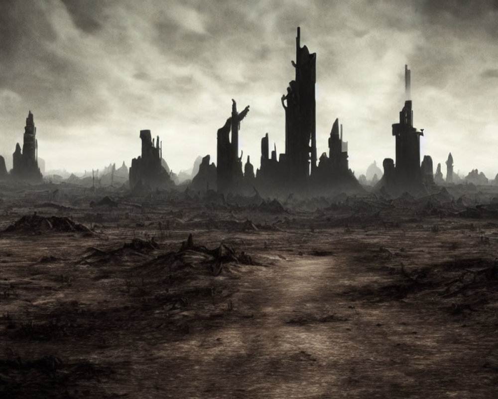Desolate landscape with path to dark ruins under gloomy sky