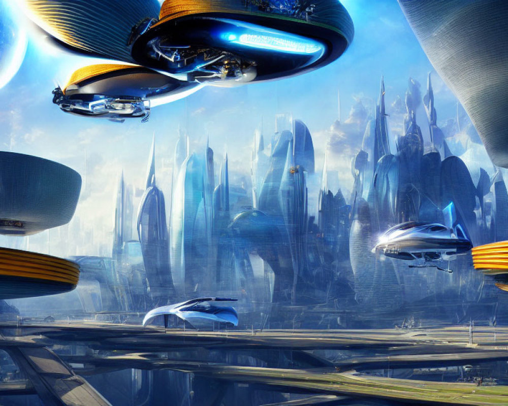 Futuristic cityscape with skyscrapers, flying vehicles, and floating structures