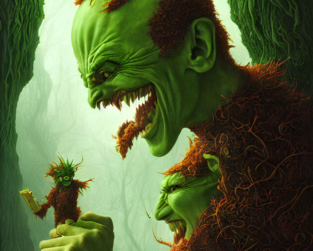 Menacing green creature with sharp teeth holding small creature in forest setting