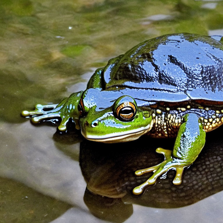 Vibrant Green Frog with Yellow Eyes on Wet Rock