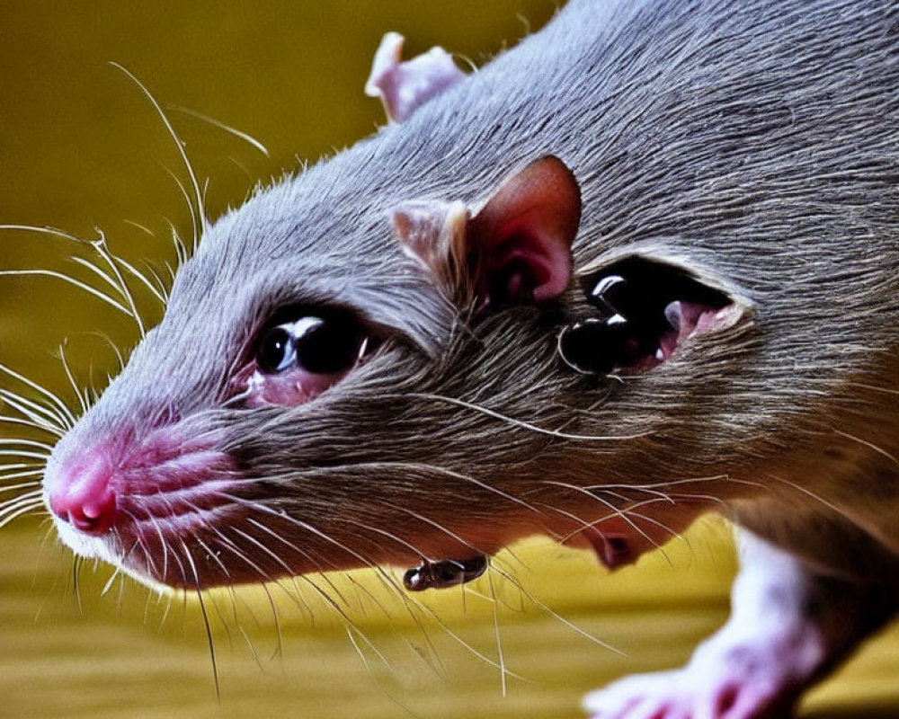 Gray Rat with Pink Ears and Nose on Yellow Background