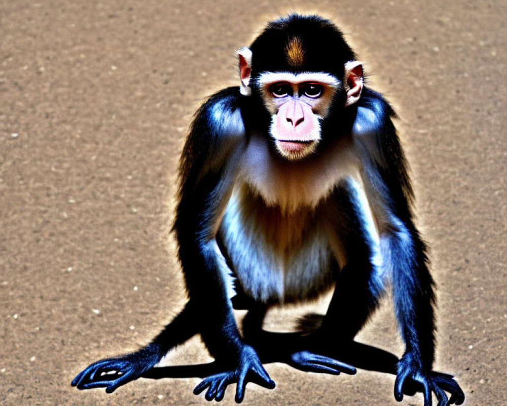 Colorful Baboon Crouching on Sand with Sharp Shadow