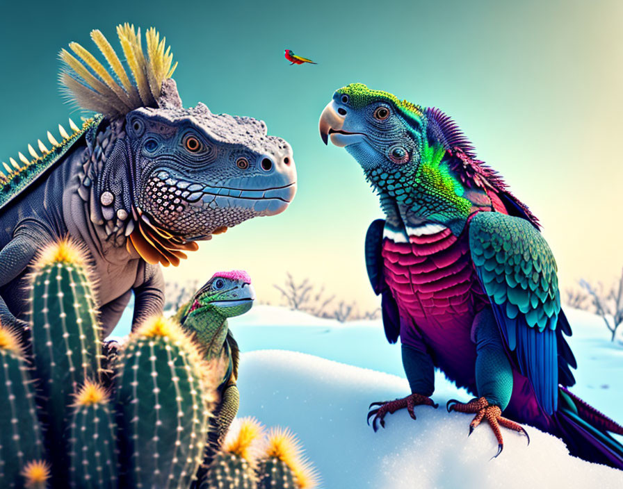 Vibrant iguanas in snowy desert twilight with cacti and hummingbird