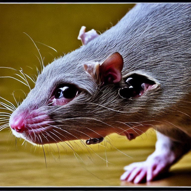 Gray Rat with Pink Ears and Nose on Yellow Background