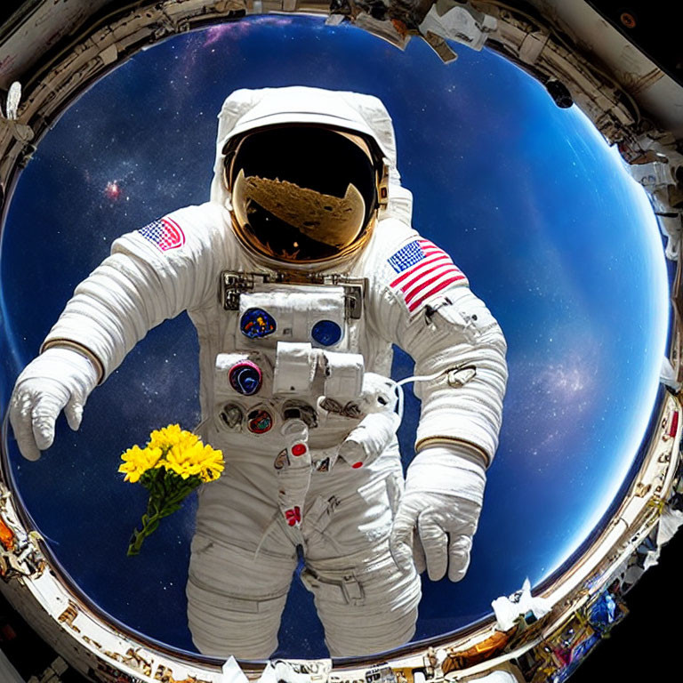 Astronaut in space suit holding yellow flowers with Earth in background