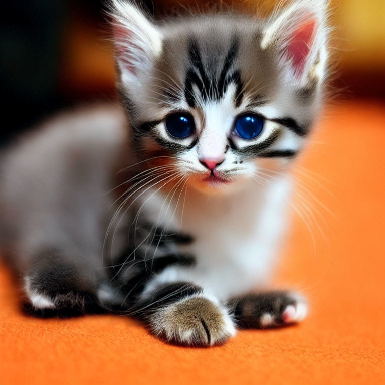 Grey kitten with blue eyes on orange surface