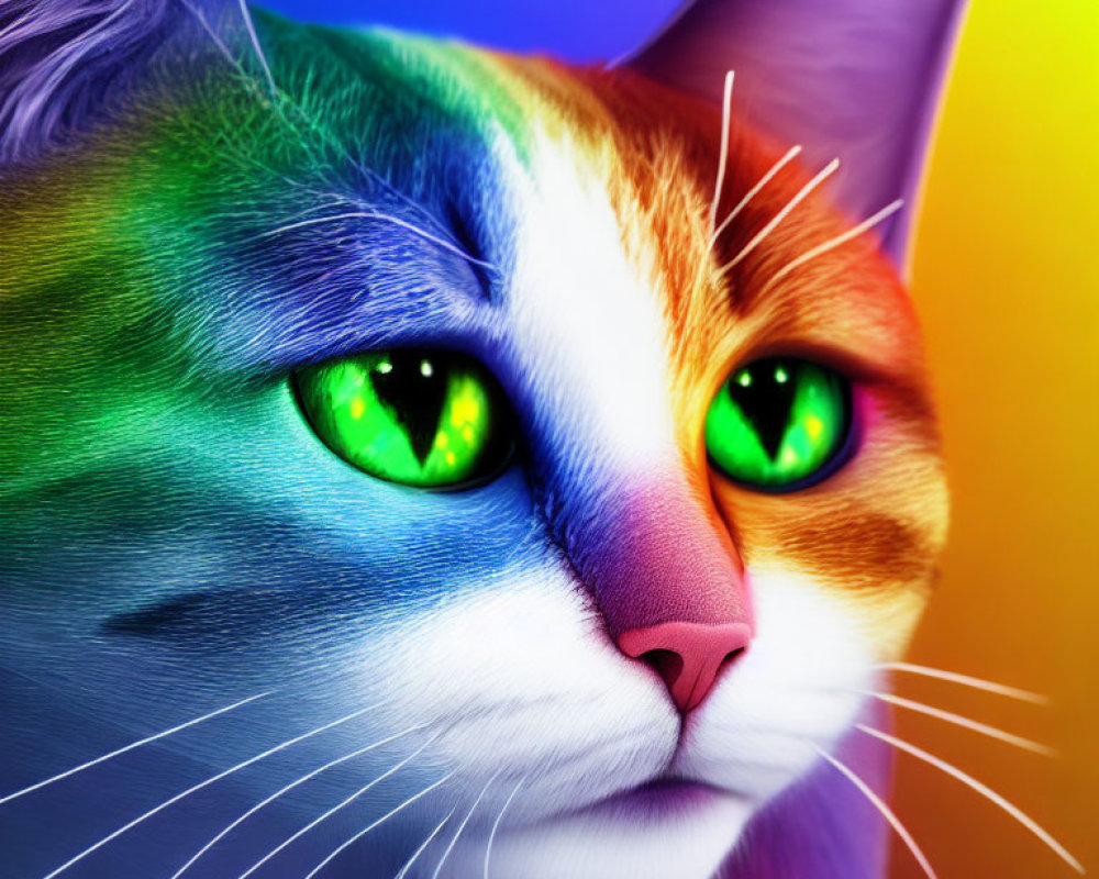 Vibrant Rainbow Cat with Green Eyes Close-Up