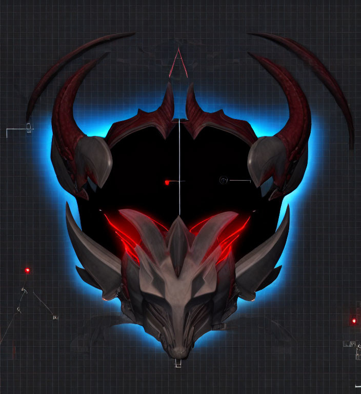 Symmetrical fantasy creature head with red glowing eyes and horns on grid background