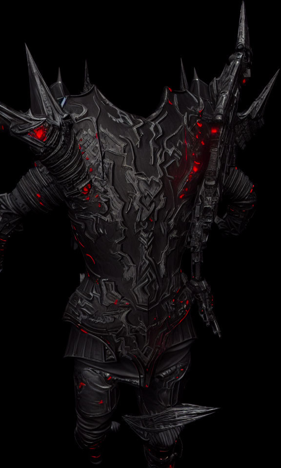 Black armor with sharp spikes and red glowing accents on dark background