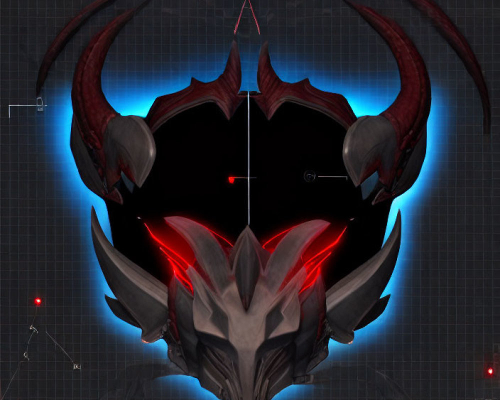 Symmetrical fantasy creature head with red glowing eyes and horns on grid background