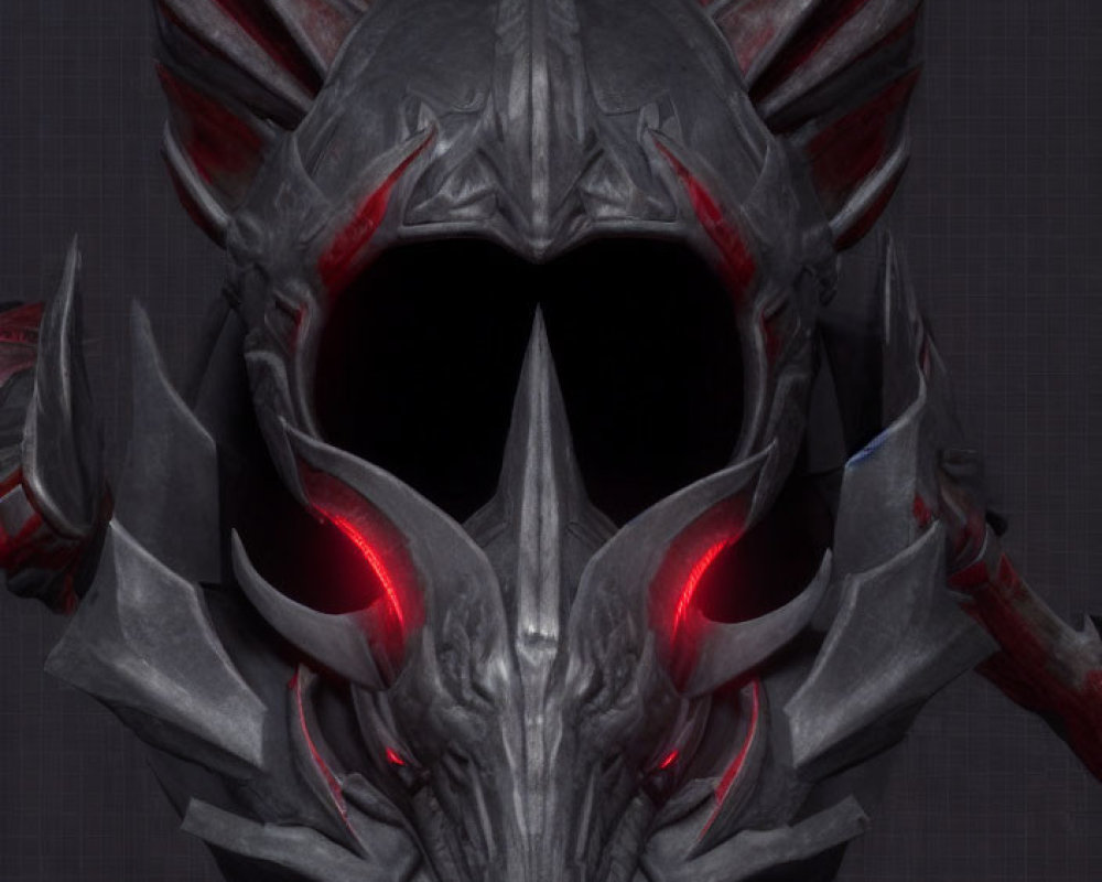 Menacing Dragon-Like Helmet with Red Glowing Eyes