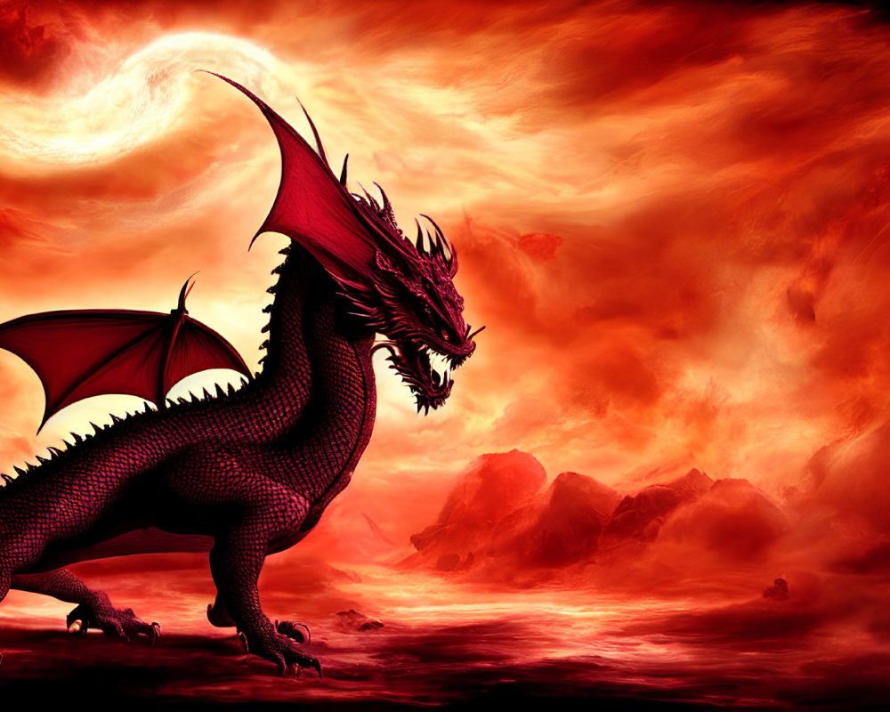 Majestic red dragon in front of fiery sky with swirling clouds