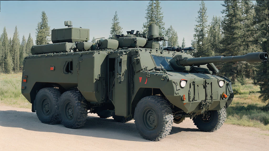 Green military armored fighting vehicle with large cannon in grassy area