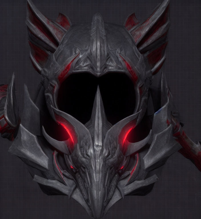 Menacing Dragon-Like Helmet with Red Glowing Eyes