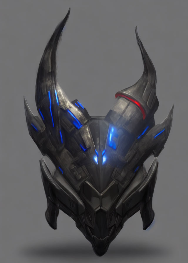 Black and metallic futuristic helmet with horns, blue accents, and red highlight