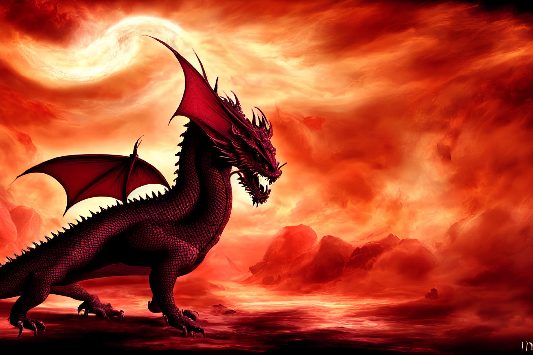 Majestic red dragon in front of fiery sky with swirling clouds