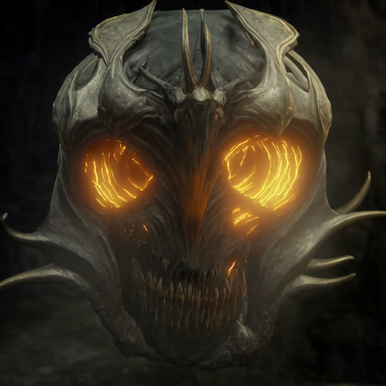 Menacing skull with horns and glowing orange eyes on dark stone background