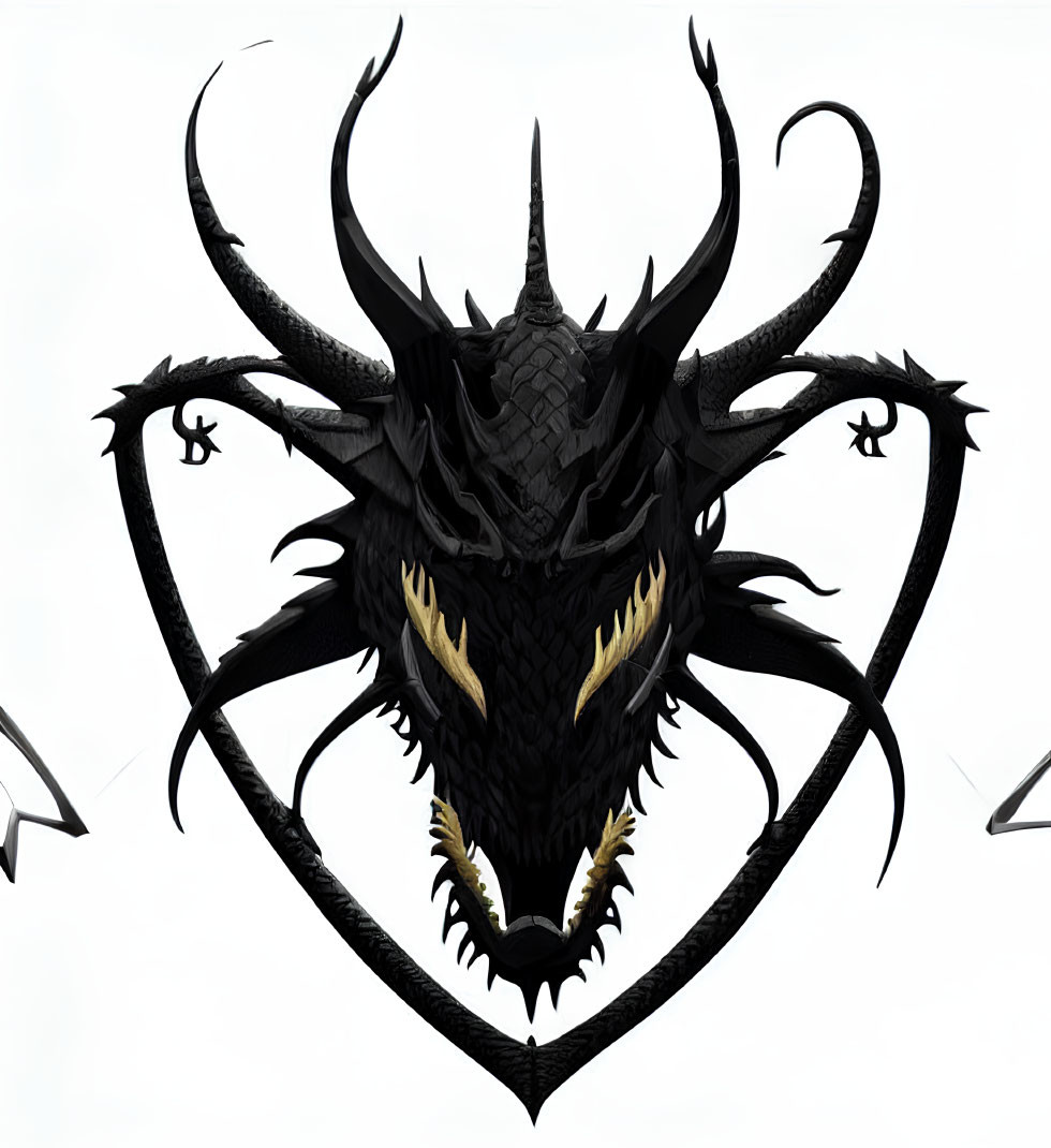 Stylized black dragon head with sharp horns and golden eyes in dragon-shaped outline