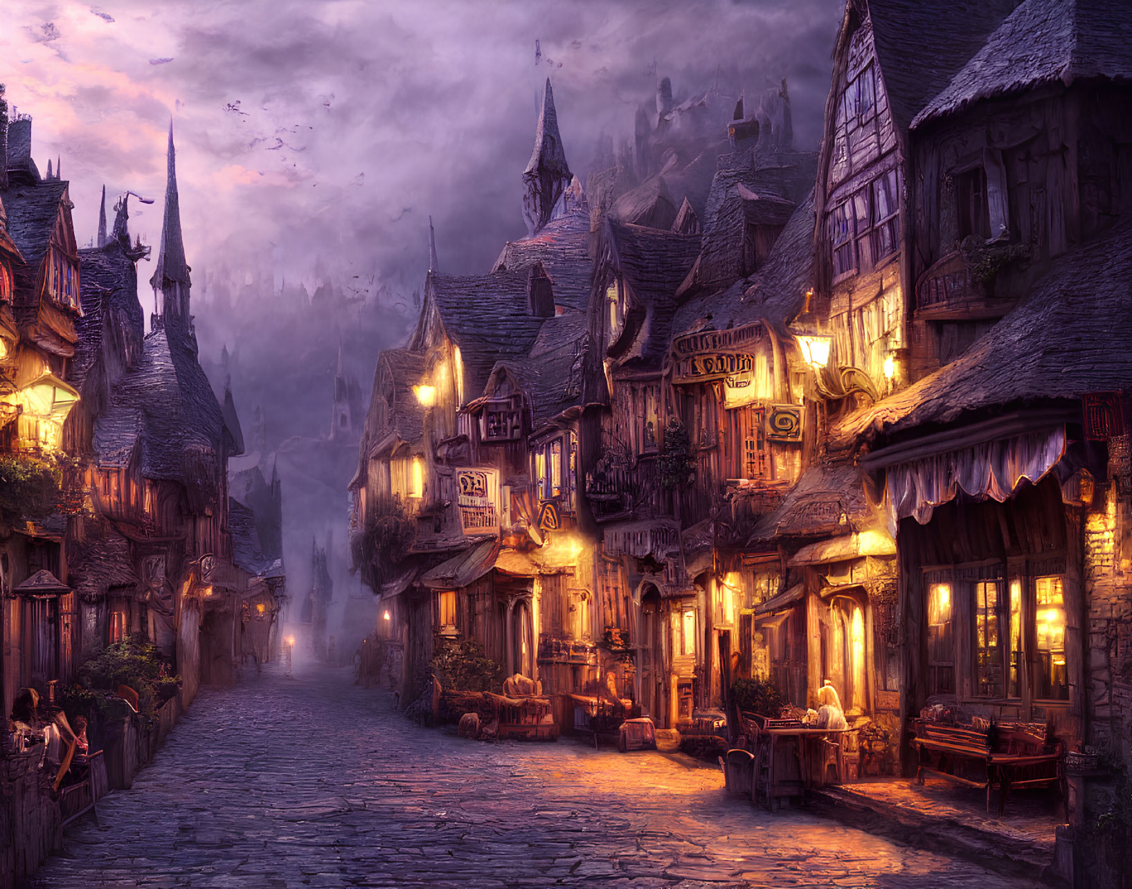 Charming cobblestone street in old-time village at dusk