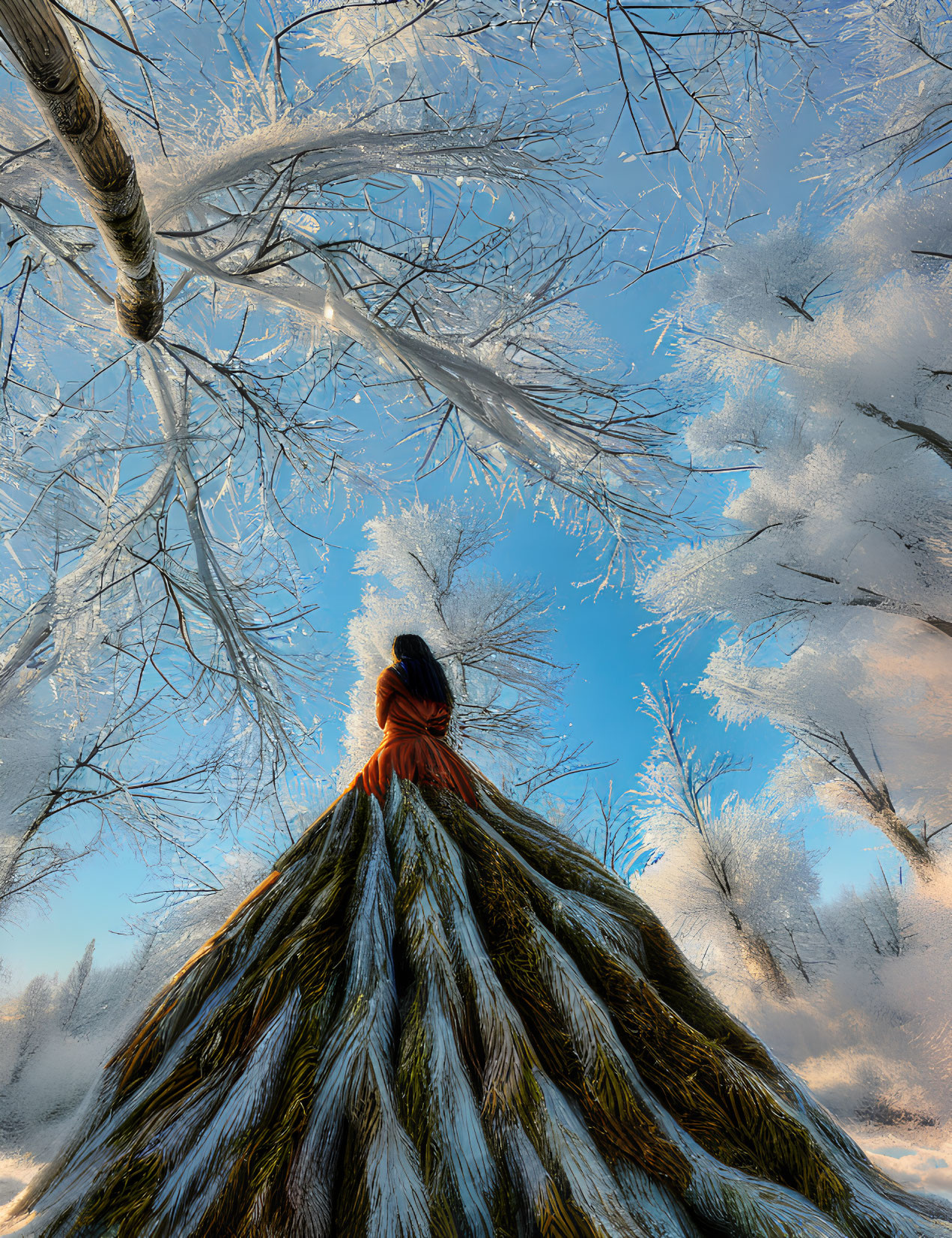 Person in orange scarf surrounded by snow-covered trees under clear sky