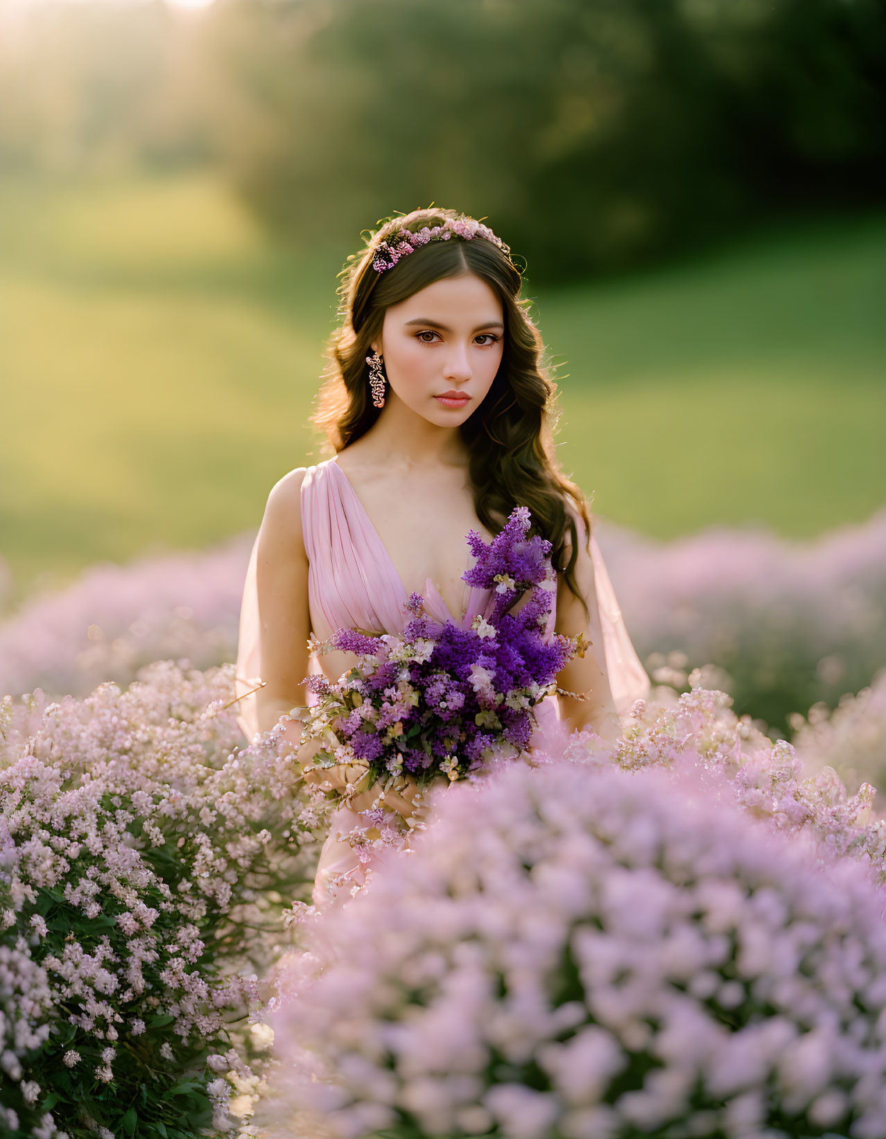 Woman in Pastel Dress with Floral Crown Surrounded by Purple Flowers