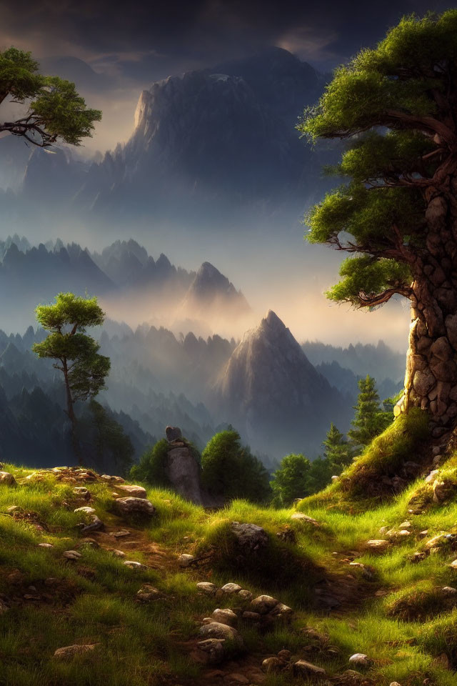 Majestic mountain landscape with sunlit path and mystical light