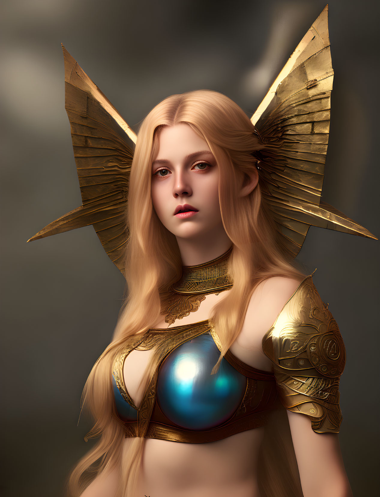 Fantasy portrait of woman in golden winged headpiece and armor with blue gemstone