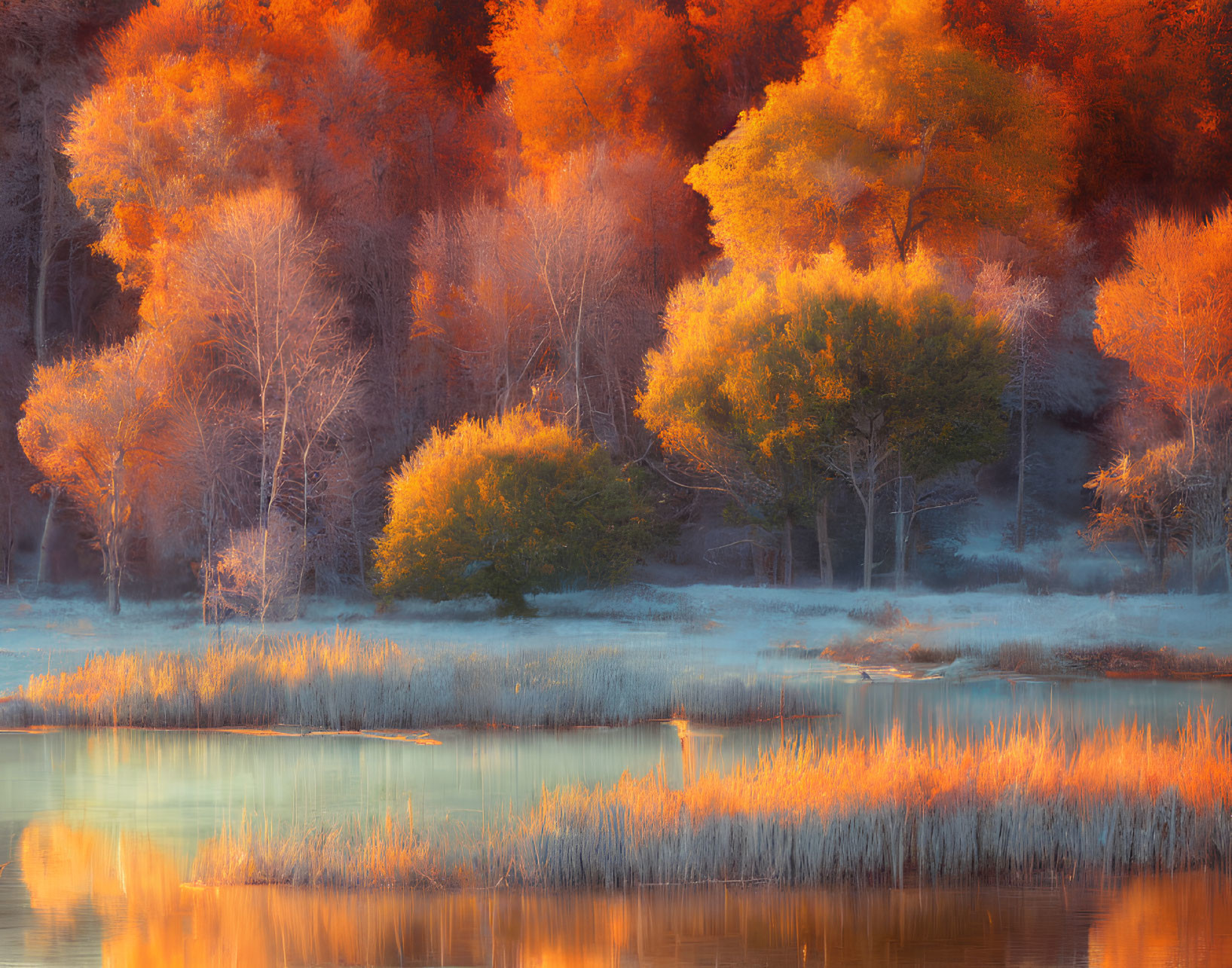 Tranquil autumn landscape with orange and yellow trees by a misty lake