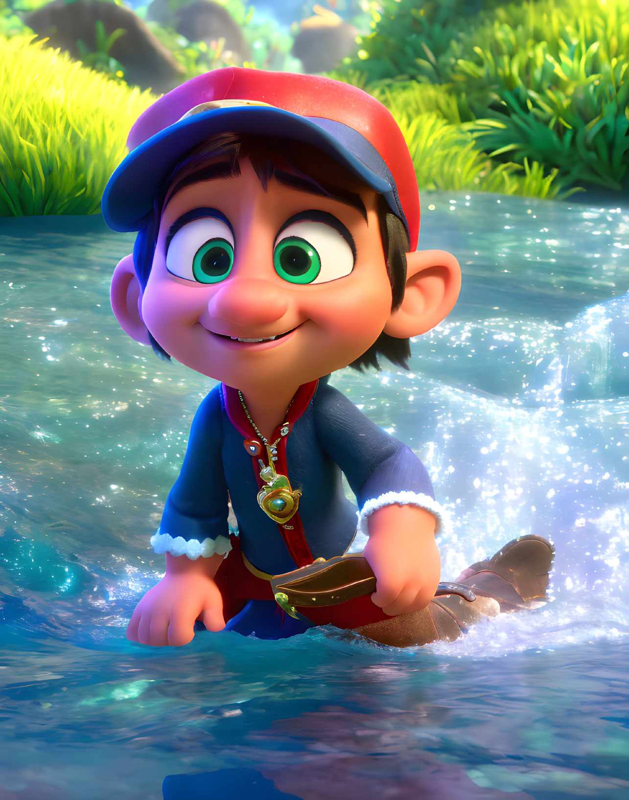 Animated boy in red cap and blue outfit sitting in water with lush green background and medallion.