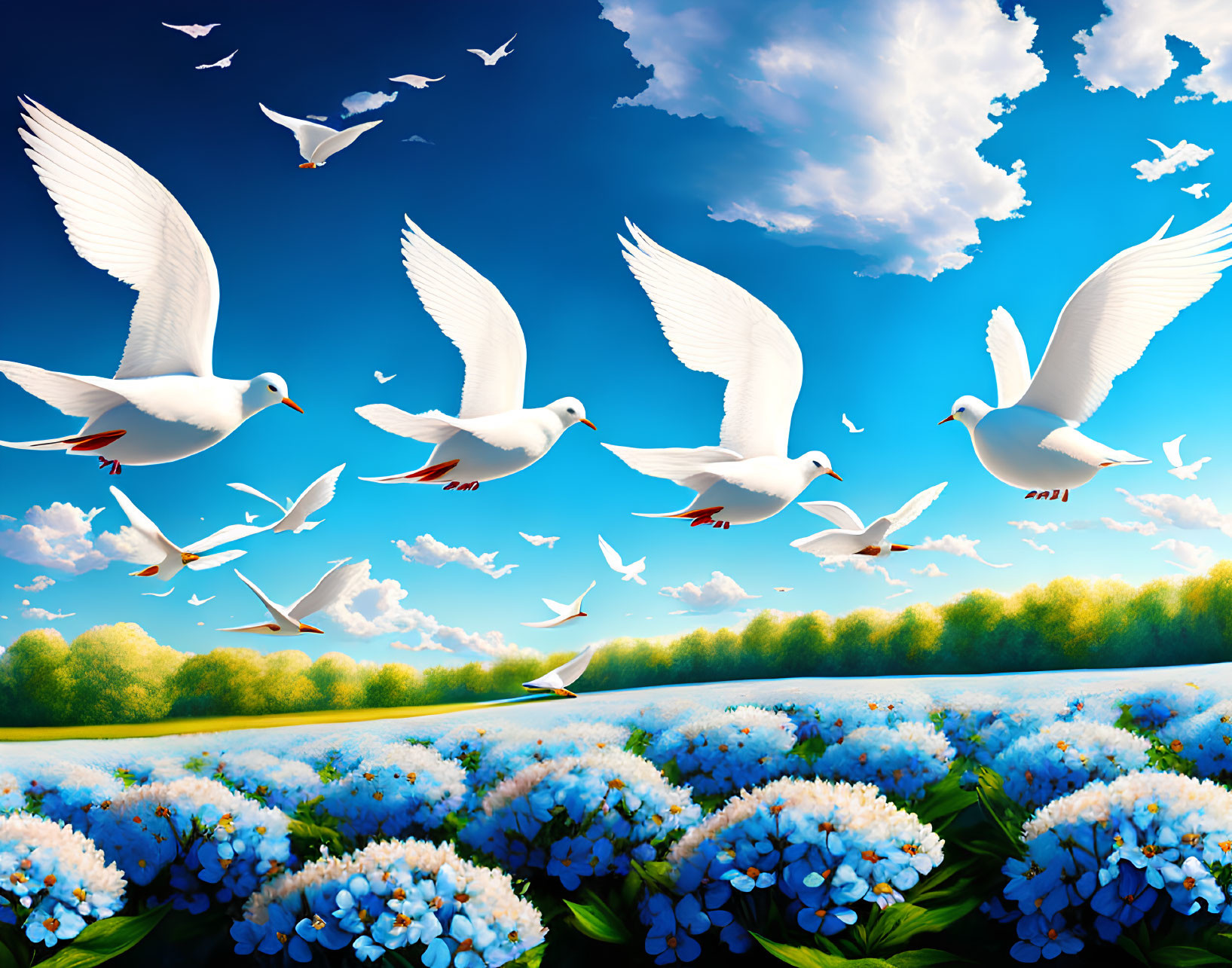 White Birds Soaring in Bright Blue Sky Over Blooming Blue Flowers