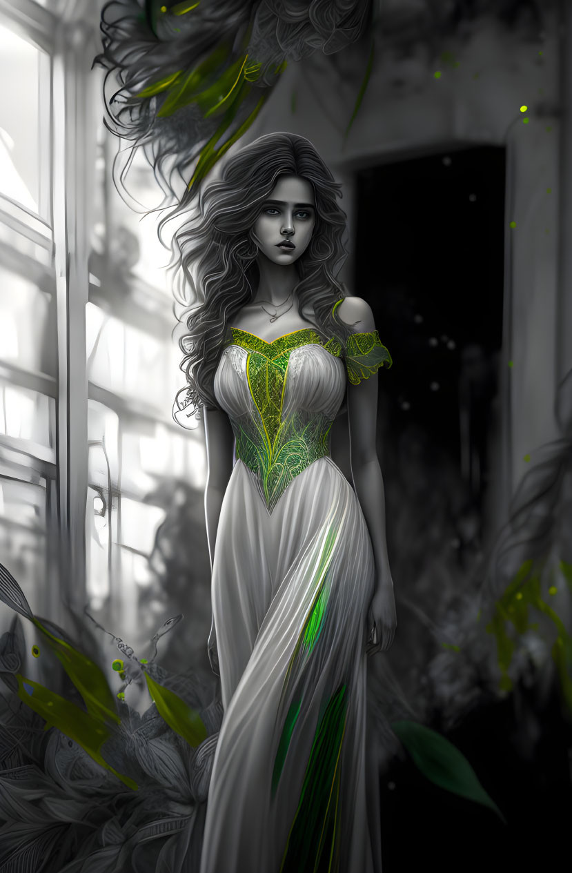 Monochrome illustration of woman in green corset dress by lush windows