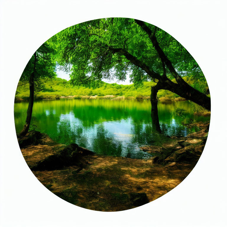 Tranquil forest pond with lush greenery and overhanging branches.