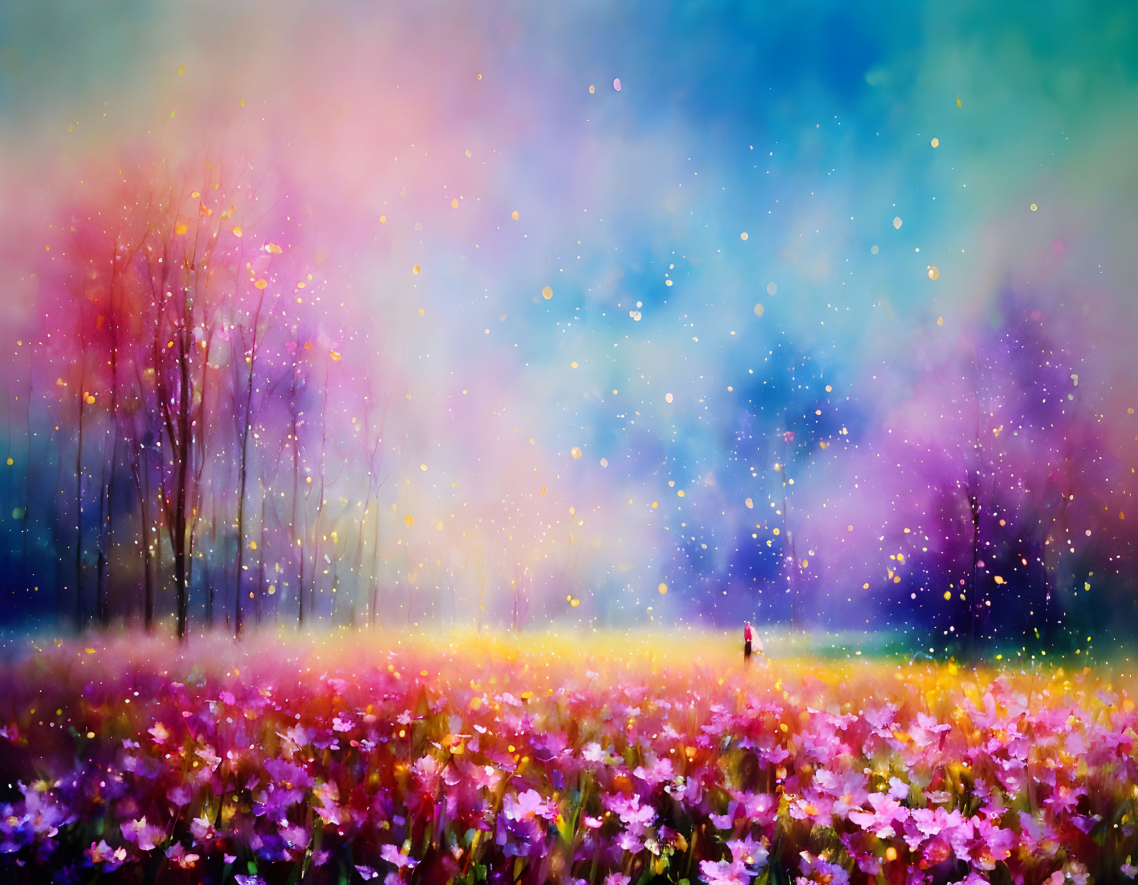 Colorful Impressionistic Landscape Painting with Figure in Flower Field