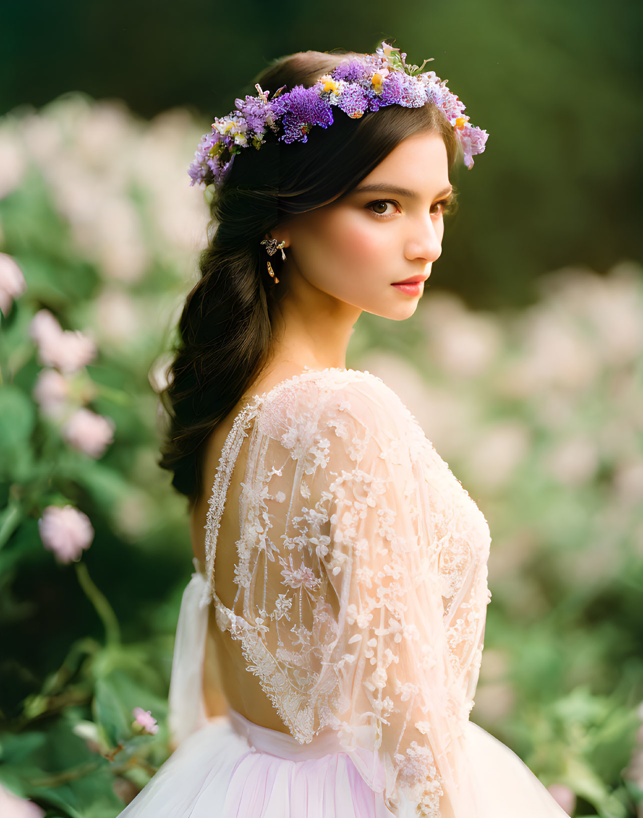 Woman in Floral Crown and Lace Dress Posing in Garden