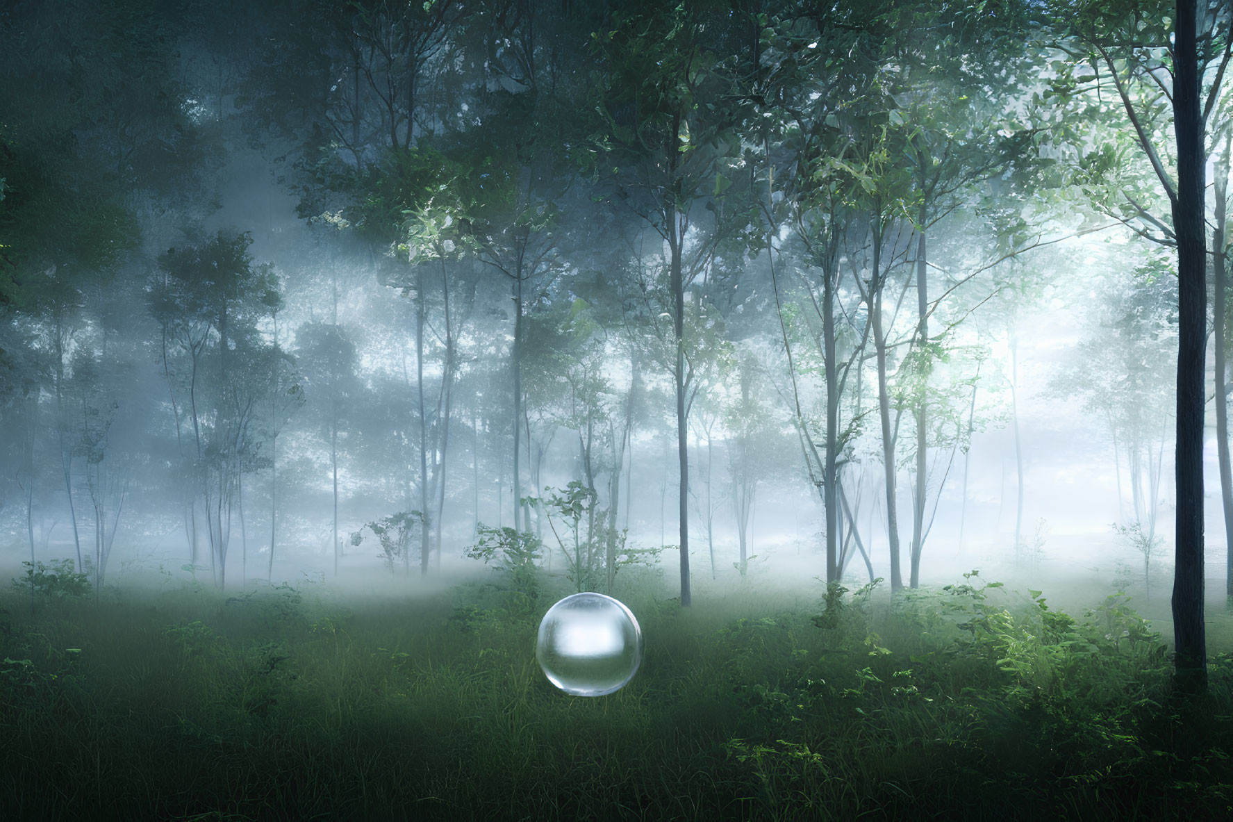 Misty forest scene with translucent sphere in soft light