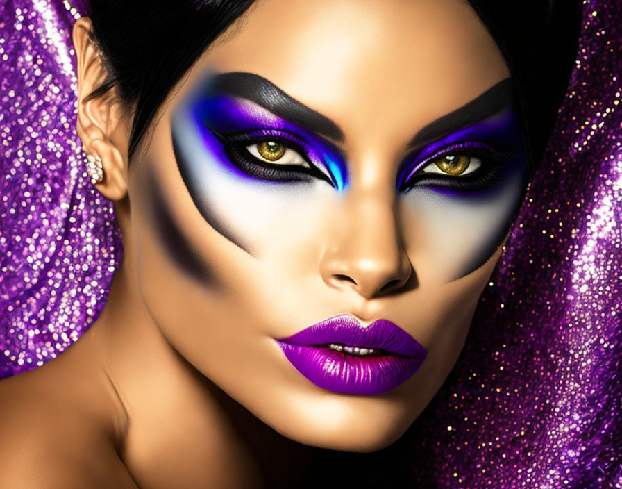 Woman with Dramatic Blue and Black Makeup on Sparkling Purple Background