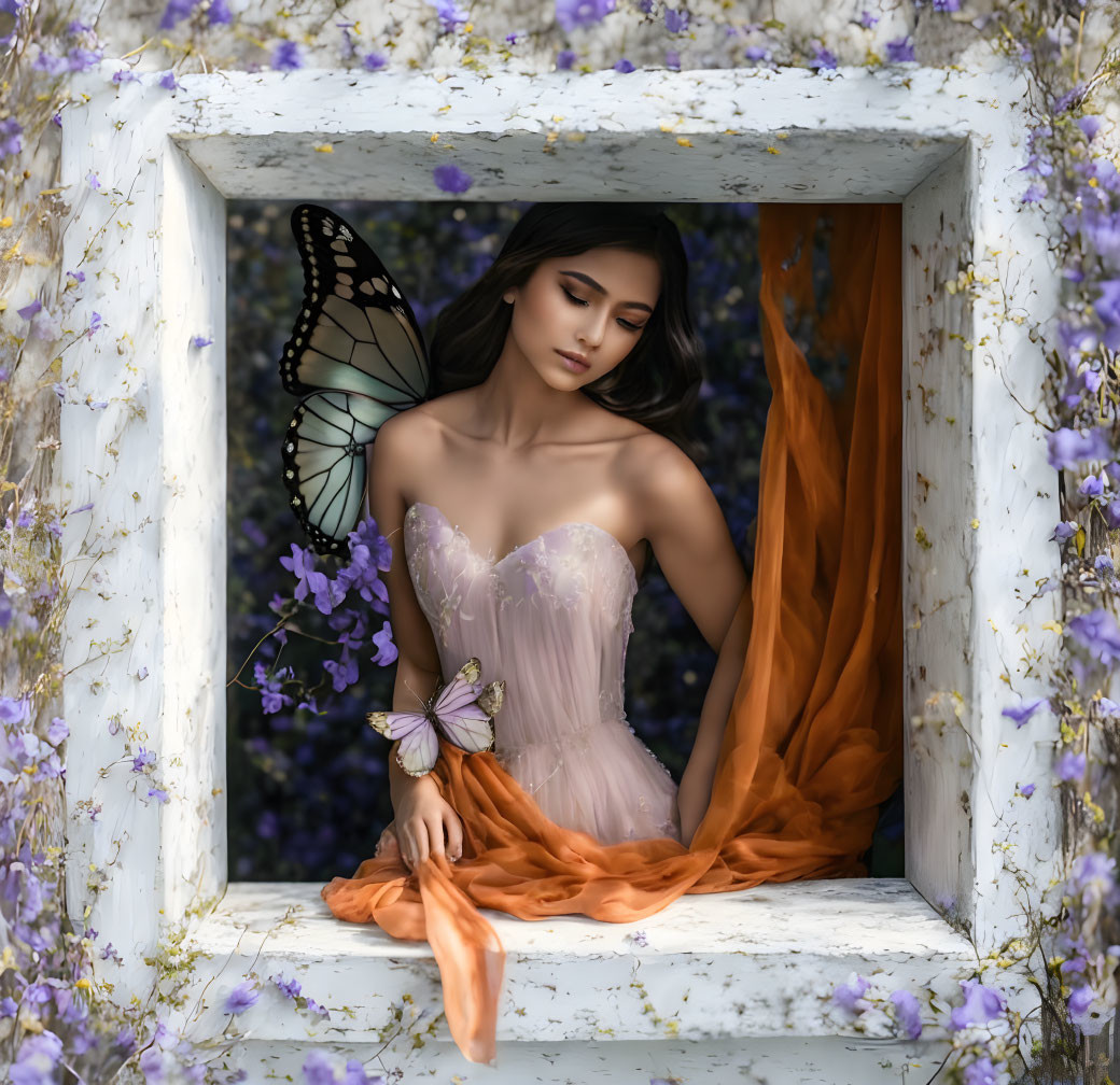 Woman in Lavender Dress Surrounded by Purple Flowers and Butterflies