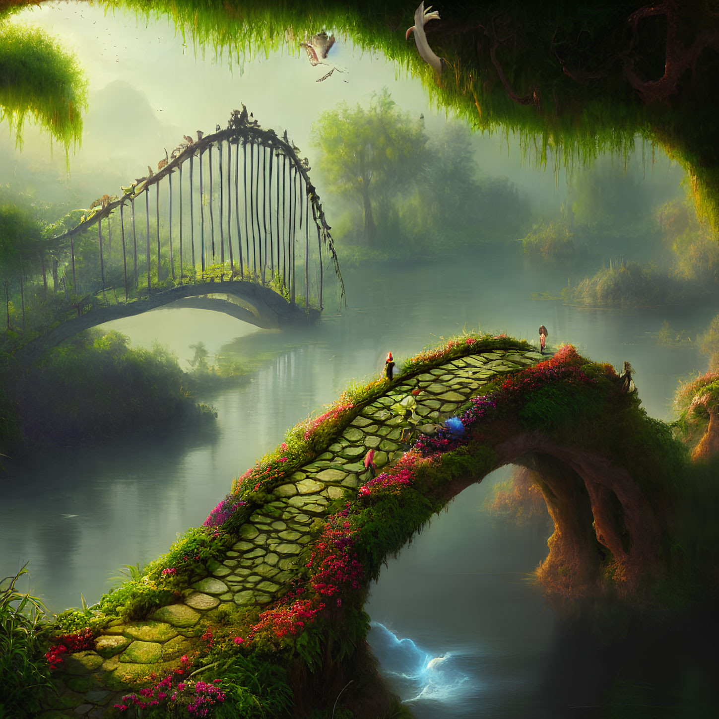 Tranquil river scene with arched bridge, lush vegetation, person, fog, and bird