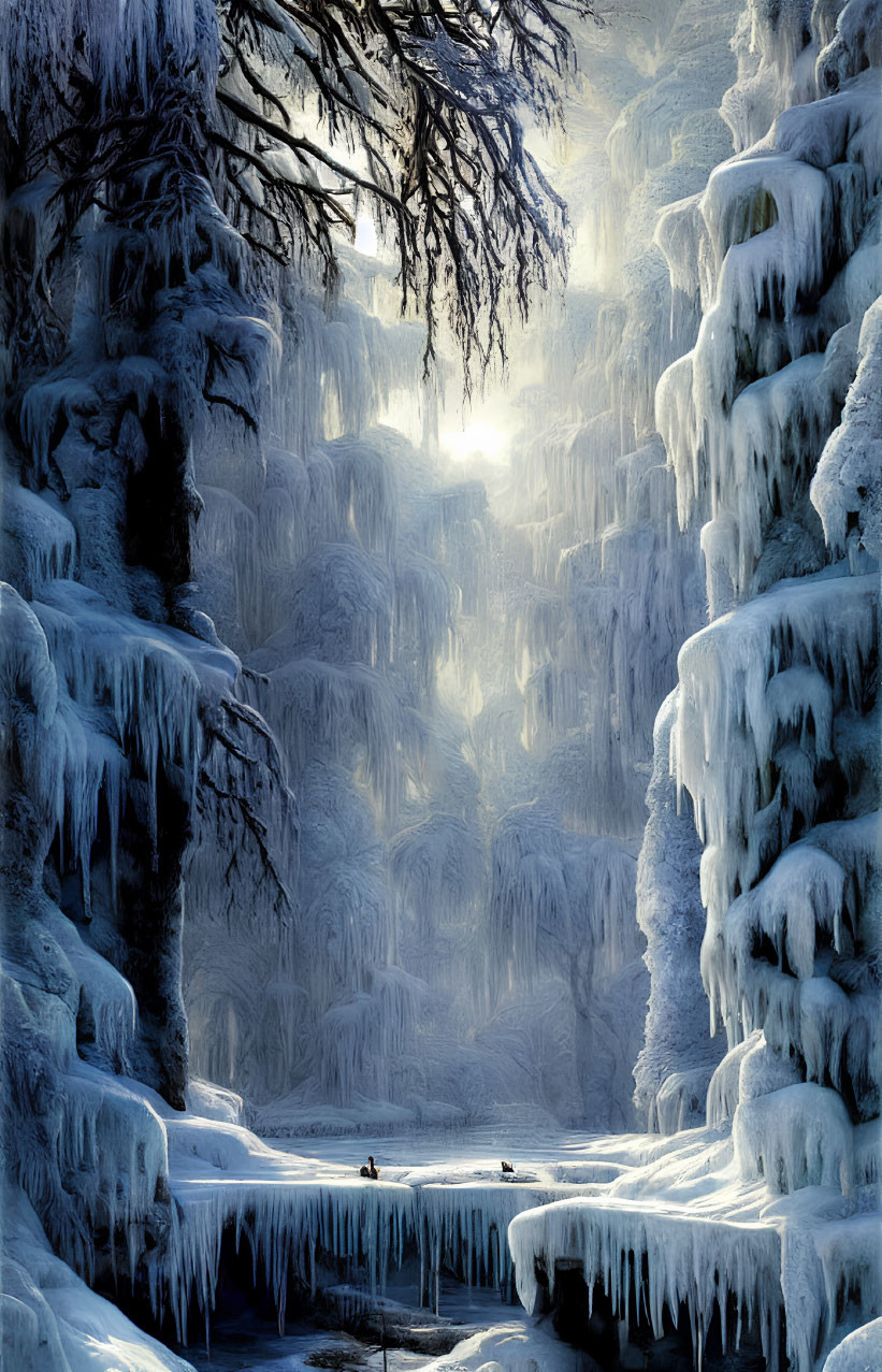 Wintry landscape with ice-covered cliffs, frozen river, sunlight, mist, and ducks swimming.